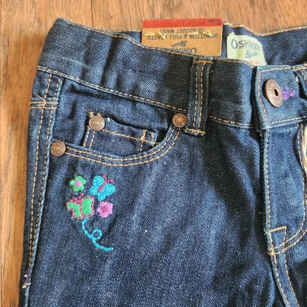OshKosh Bgosh Toddler Girls 3T Dark Wash Embroidered Floral Jeans Adj. Waist 312